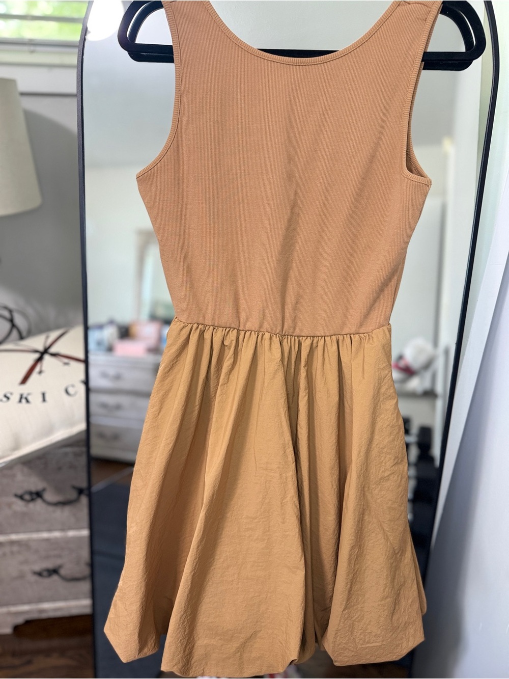 Steve Madden Palermo Mixed Media Bubble Hem Mini Dress Caramel Brown M